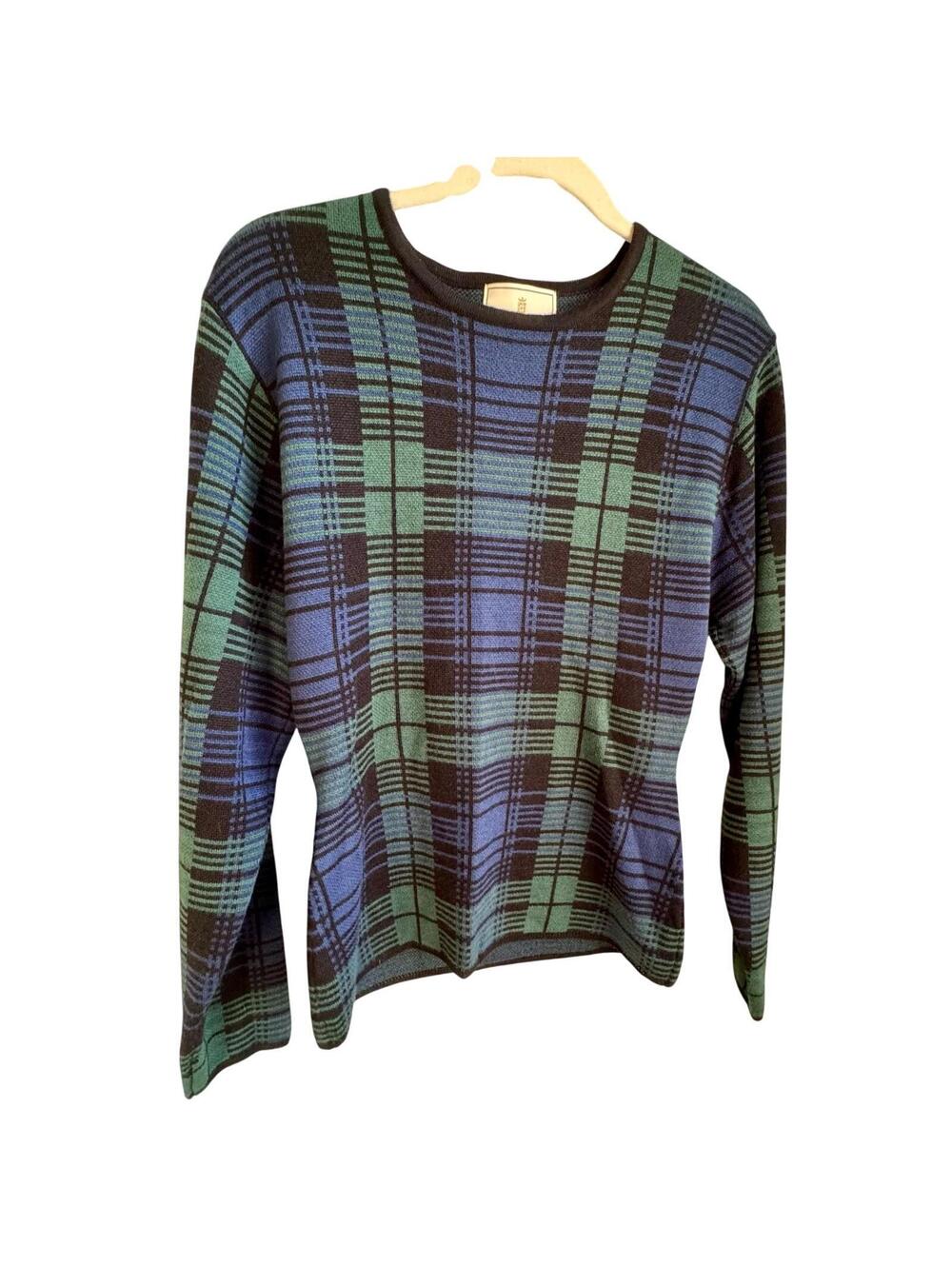 Vintage 90s Express Plaid Tartan Wool Blend Knit Sweater Size L